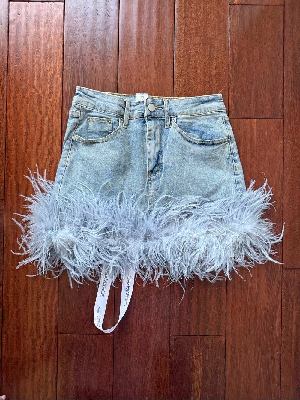 LISAMAREE Fable denim feather trim skirt in Blue
